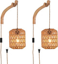 Plug in Wall Sconce,Farmhouse Wicker Wall Lamp Plug in,Hand Woven Rattan Wall Light Farmhouse Rustic Boho Sconces Wall Lighting for Living Room Bedroom