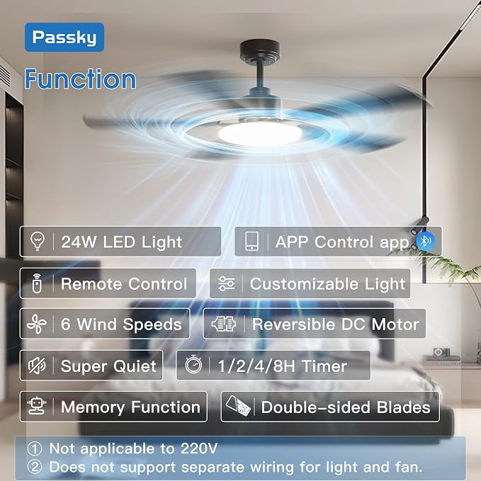 Passky Ceiling Fans with Lights, 52 inch Sleek Ceiling Fan with Light and Remote Control, 3CCT, Dimmable, Reversible, Noiseless, Black Ceiling Fan for Bedroom, Living Room