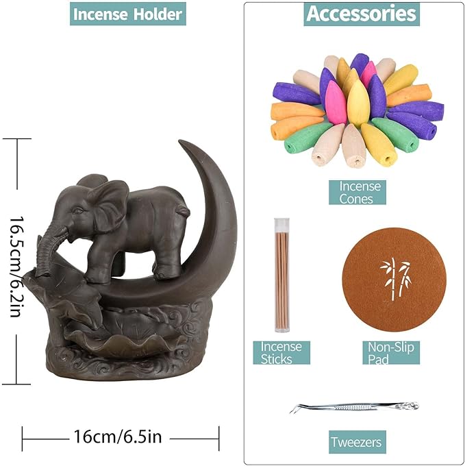 YYW Elephant Backflow Incense Burner Holder Waterfall Incense Cones Burner with 20 Incense Cones,30 Incense Stick,1 Tweezer,1 Mat Gift for Aromatherapy Ornament Home Decor (Small Size)