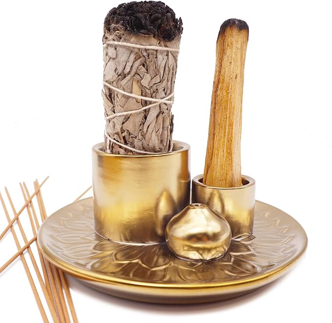 4 in 1 Incense Burner Holder with Ash Catcher, Gold-Plated Ceramic Tray for Burning Incense Sticks, White Sage, Palo Santo, Candle
