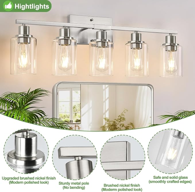 Indoi 5-Light Bathroom Light Fixtures, Brushed Nickel Modern Vanity Lights with Clear Glass Shades, Bathroom Wall Lamp for Mirror Living Room Cabinet Bedroom Porch