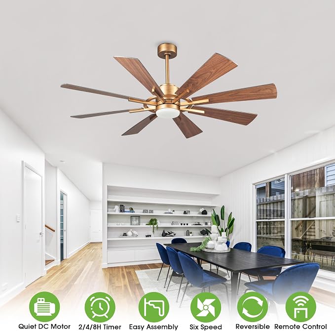 60 inch Gold Ceiling Fans with Lights and Remote, Indoor & Outdoor Large Industrial Ceiling Fan for Gazebo Living Room Garage, High Modern Big Ceiling Fan Quiet DC Motor, 3 CCT, Timer, 6 Speed