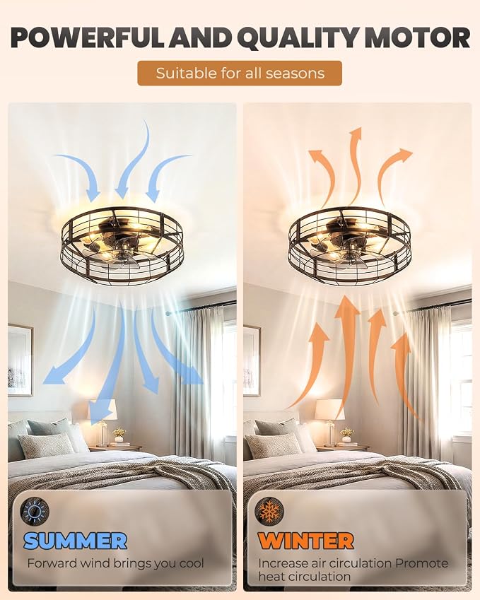 20 In Farmhouse Caged Ceiling Fan with Light and Remote, Bladeless Flush Mount Fan Lights Ceiling Fixtures, Need Assembly, 6 Speeds Reversible Motor Indooor Lights for House Kitchen, Bedroom, Black