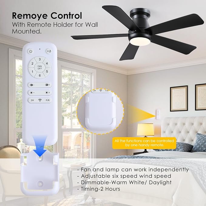 Hounberi 46 Inch Modern Low Profile Ceiling Fan with Light and Remote Control, Quiet 3CCT Dimmable LED Flush Mount Fan for Bedroom Living Room, 5 ABS Blades Reversible Motor, Black