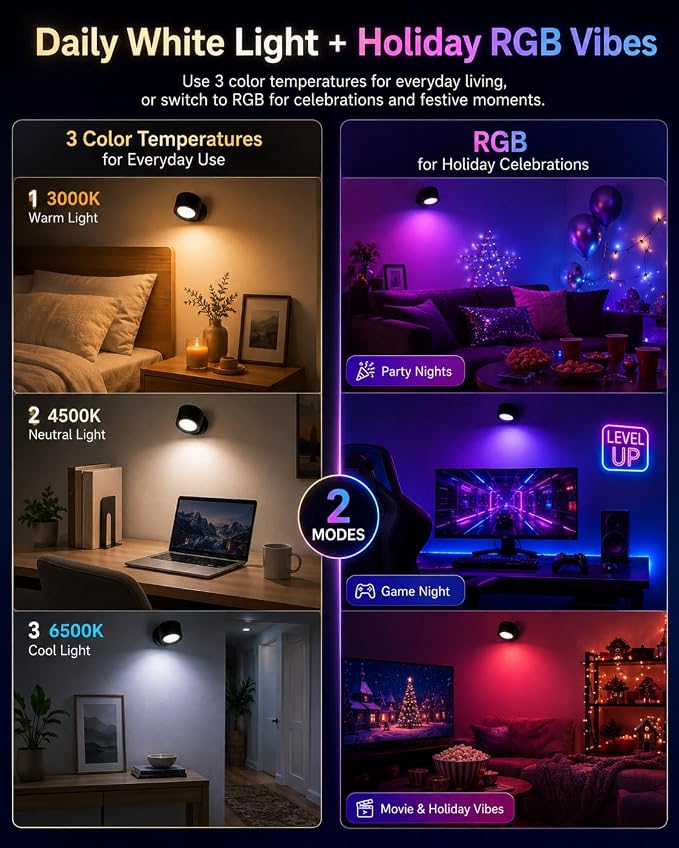 LED Wall Mounted Lights, Rechargeable Wall Sconces, 3 Color Temps, Remote & Touch, 360° Rotating and Dimmable for Bedroom, Bedside & Reading (Black-RGB, 3 Pack)