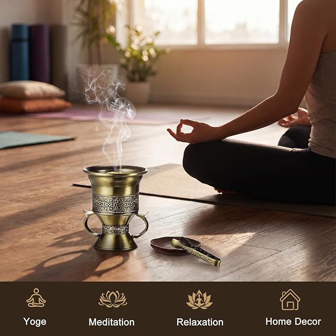 Zonon 2 Sets Bronze Incense Burner with Tong, Frankincense Charcoal Incense Stand Holder, Ideal for Yoga, Spa, Aromatherapy, Home and Christian Church Censer (Elegant)