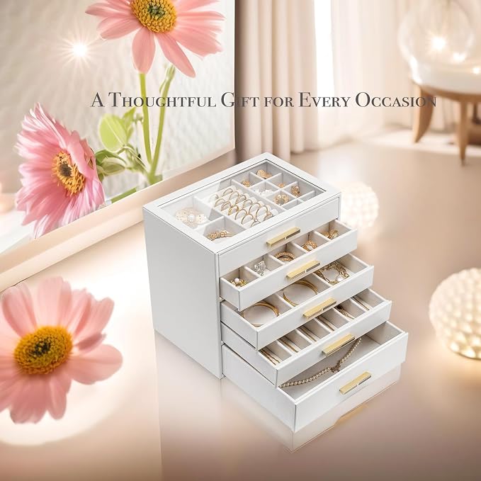 VLANDO 5-Drawer Jewelry Box with Glass Lid, Faux Leather Organizer for Rings Earrings Necklaces and More, Gift-Ready Jewelry Case for Women Girls or Moms, White