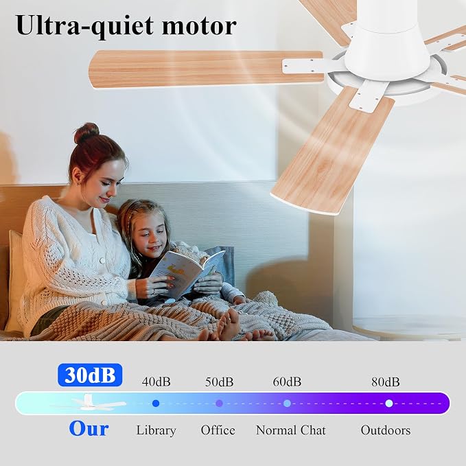 SNJ 52 Inch White Ceiling Fans with Lights and Remote,Flush Mount Low Profile 5 Blades Ceiling Fan,Dimmable Quiet Reversible DC Motor for,Living Room,Bedroom and Patio