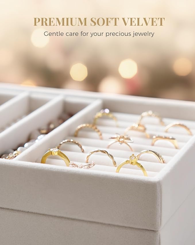 Lolalet Jewelry Drawer Organizer Inserts, Stackable Velvet Tray Jewelry Storage Organizers Set Display Cases for Necklaces Bracelets Earrings Rings Chains Bangles Watches, Beige, Set of 2