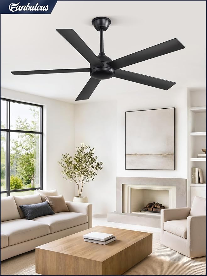 52 Inch Ceiling Fan no Light, Black Ceiling Fan with Remote, 6-Speeds, Quiet Reversible DC Motor, Small Ceiling Fans without Lights for Bedroom, Living Room, Patio, Indoor/Outdoor Use