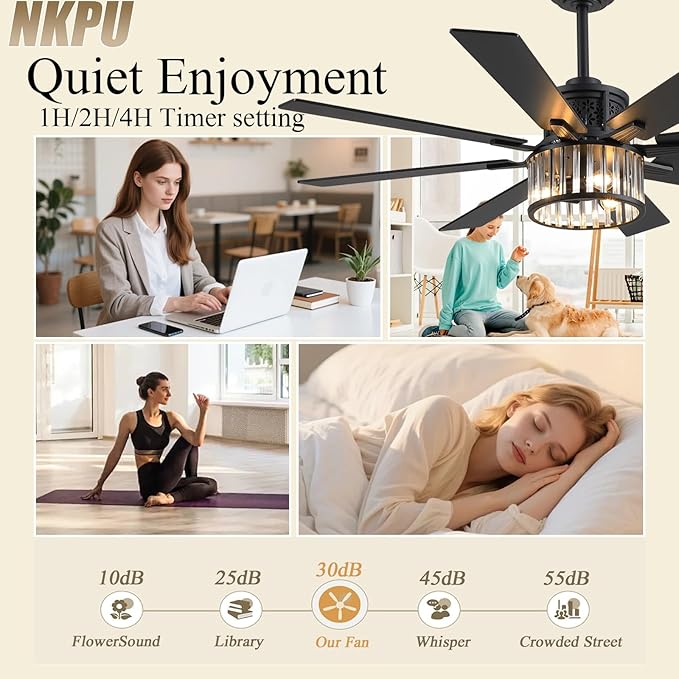 NKPU 52 Inch Farmhouse Crystal Ceiling Fans with Lights and Remote, Chandelier Industrial Ceiling Fan with Dual 8 Blades, 6 Speed Reversible Motor, Timing, Black Ceiling Fan for Living room Bedroom