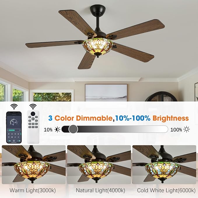 52" Tiffany Style Ceiling Fans with Lights, Vintage Chandelier Ceiling Fan with Stained Glass Shade, Dimmable LED, 6 Speeds Reversible for Bedroom (Art Nouveau)