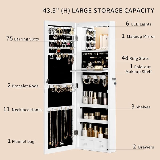 Over the Door Jewelry Organizer, Wall Mounted Jewelry Cabinet, Hanging Mirror with Storage Box, Wall/Door Mounted Full Length Mirror with LED