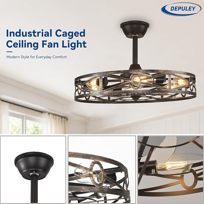 Depuley Caged Ceiling Fans with Light: 24-Inch Bronze Metal Enclosed Farmhouse Fandelier for Kitchen Bedroom - Industrial Semi Flush Mount Ceiling Fan with Remote 6 Speeds Reversible Motor Timer