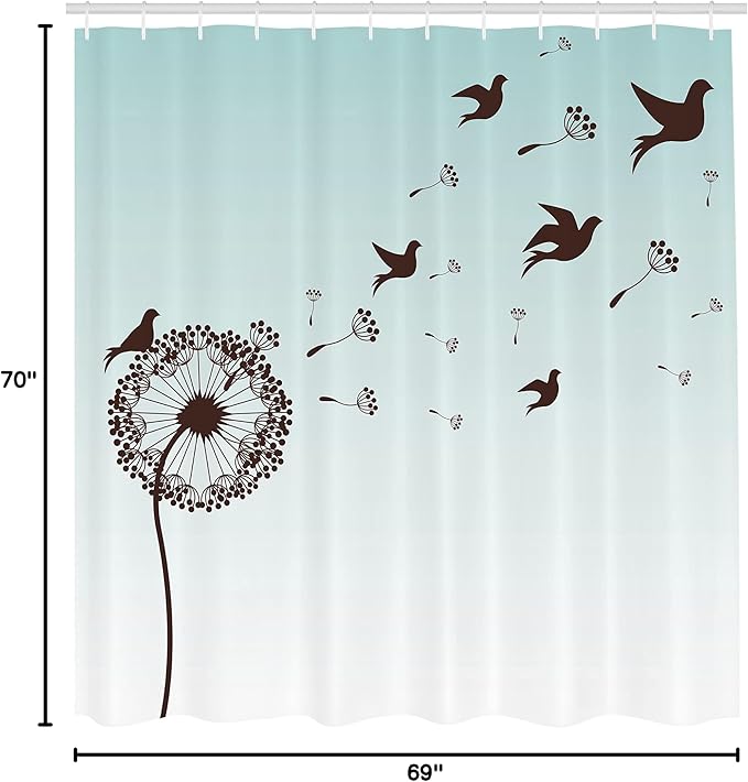 Ambesonne Art Shower Curtain, Dandelion Flower Arrangement Petals Doves Flying Silhouettes Fantasy Blooms Print, Cloth Fabric Bathroom Decor Set with Hooks, 69" W x 70" L, Turquoise Brown