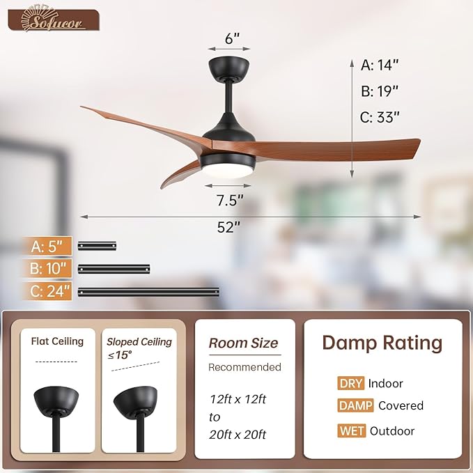 Sofucor 52 Inch Ceiling Fan with Light, Outdoor Farmhouse Ceiling Fan with Lights Remote Control Airflow 6000CFM 3 CCT Dimmable 3-Timer ABS 3 Blades Reversible DC Motor for Living Room Bedroom Patio