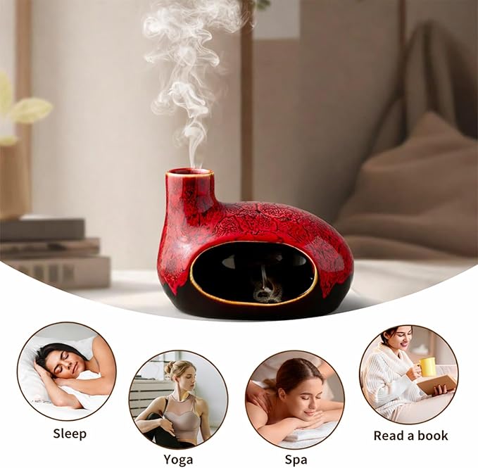 Handcrafted Ceramic Palo Santo Holder – Artistic Incense Burner for Meditation, Mindfulness and Zen Home Decor – Wabi-Sabi Style Cone Sculpture, Gift for Yoga, Relaxation & Aromatherapy (Red)