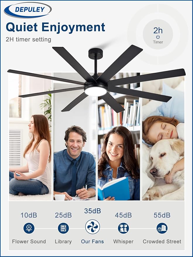 Depuley 66" Ceiling Fans with Lights: Black Indoor/Outdoor Ceiling Fan for Patios Living Room - 8 Blades Dimmable Large Ceiling Fans with Remote APP Control Timer Reversible Quiet DC Motor 6 Speeds