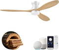 52" Wood Ceiling Fans with Lights Remote,Smart Control via Voice Alexa APP,Quiet DC Motor,Flush Mount Modern Ceiling Fan for Low Profile Living Room,Patio,White& Light Natural Wood,Outoor Indoor,Dim
