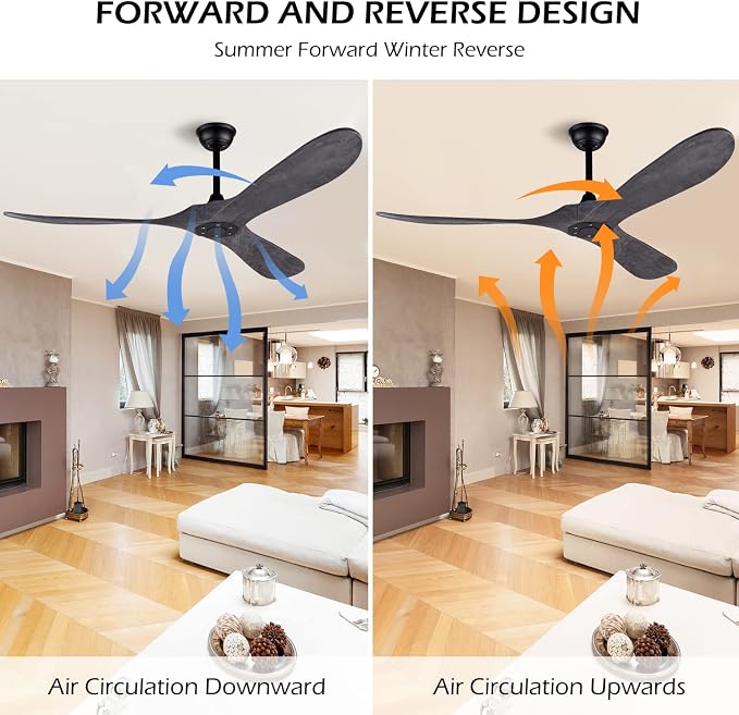 60 Inch Ceiling Fan without Light ，Wood Indoor Outdoor Ceiling Fans No Light for Patios Big Outside Farmhouse Ceiling Fan for Living Room Dining Room (Grey)