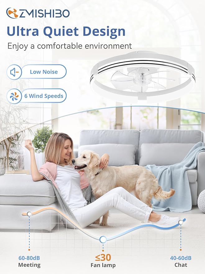ZMISHIBO Low Profile Ceiling Fans with Lights and Remote, 20 Inch Flush Mount Ceiling Fan with Light, 3000K-6000K Dimmable Fandelier LED Fan Light, 6 Wind Speeds White Ceiling Fans for Bedroom