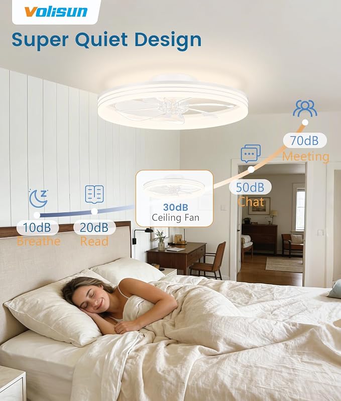 VOLISUN Low Profile Ceiling Fans with Lights and Remote, 24in Flush Mount Ceiling Fan with Light, 3000K-6500K Dimmable Fandelier LED Fan Light, White Bladeless Ceiling Fans with Lights for Bedroom
