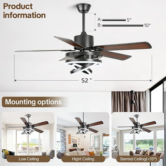 52 Inch Chandelier Ceiling Fans with Lights, Modern Ceiling Fan with Remote Control for Living Room Kitchen, Dimmable, 6 Speed Reversible DC Motor, Dual Finish, Black