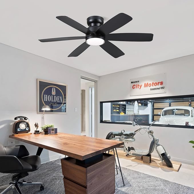 Kviflon 46 Inch Modern Ceiling Fans with Lights Remote Control, Low Profile Flush Mount Ceiling Fan, 6 Reversible Plastic Blades, 6 Speeds 3 CCT Dimmable LED Lights for Bedroom Living Room, Black