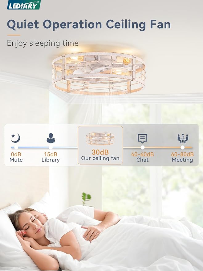 LEDIARY 20" Caged Ceiling Fan with Light and Remote, Low Profile Flush Mount Fandelier, White Gold Bladeless Enclosed Small Fan Lights Ceiling Fixtures, Rustic Farmhouse Style for Bedroom, Outdoor