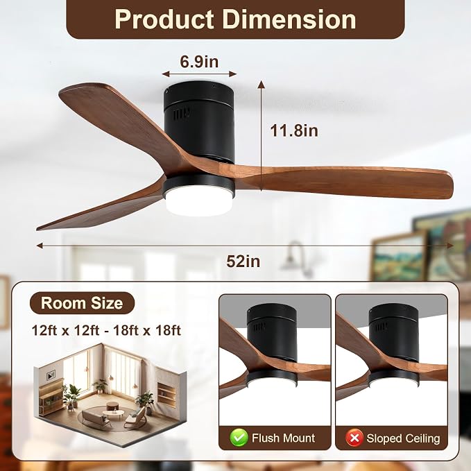 Sofucor 52 Inch Ceiling Fans with Lights, Flush Mount Ceiling Fan with Lights Remote Control, Indoor/Outdoor Ceiling Fan Light, Reversible DC Motor, 3 Blade Solid Wood Ceiling Fans for Bedroom Patio