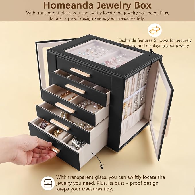 Homeanda Jewelry Box for Women with Glass Lid, 5 Drawers Jewelry Organizer and Storage for Necklaces, Rings, Earrings, Bracelets, Gift for Girls and Teens,PU Leather (Black)