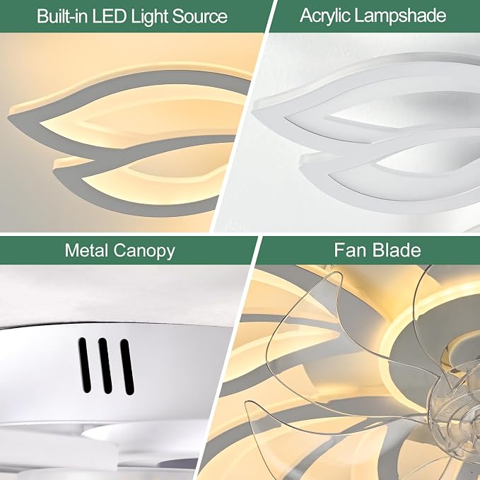 White Flower Modern Ceiling Fans with Lights, Low Profile Ceiling Fan with Remote for Bedroom, Flush Mount Ceiling Fan with LED Dimmable Light,3-Colors, 6-Speeds, Ceiling Fans Light