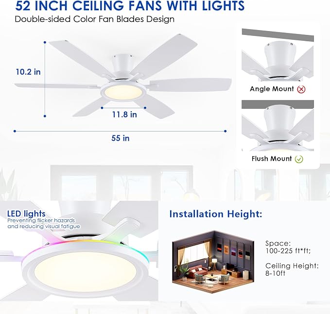 BYKISTOK 55In Flush Mount Ceiling Fan with RGB Light - White Modern Ceiling Fan with 6 Dual-Sided Blades, Reversible DC Motor, Low Profile Fan Light Fixture for Indoor Bedroom, Outdoor Patios