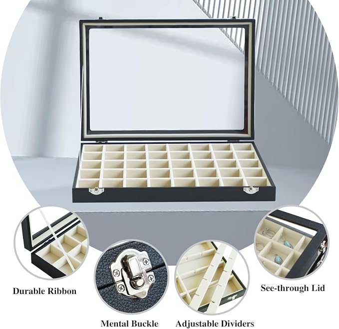Stratalife 40 Grid Earring Organizer, Jewelry Holder Organizer with Lid | PU Leather Storage Box for Earring, Ring, Studs and Trinkets, Soft Velvet Drawer Organizer for Women, Dustproof, Beige Black