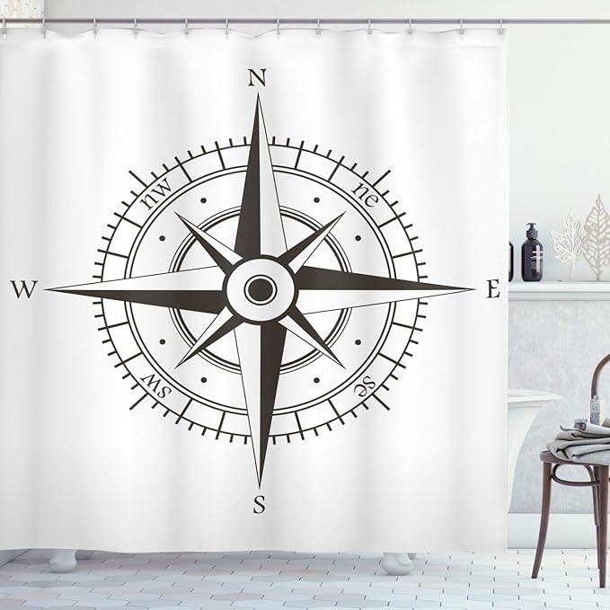 Ambesonne Compass Shower Curtain, Wind Rose Old Fashion Navigational Equipments Orienteering Illustration Print, Cloth Fabric Bathroom Decor Set with Hooks, 69" W x 84" L, Evergreen White