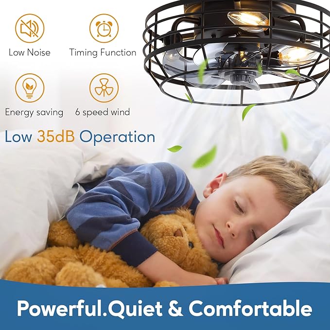 Farmhouse Caged Ceiling Fan with Light, Bladeless Flush Mount Fan Lights Ceiling Fixtures with Remote, 12 in 6 Speeds Indooor Lights for Kitchen, Living Room, Bedroom, Black