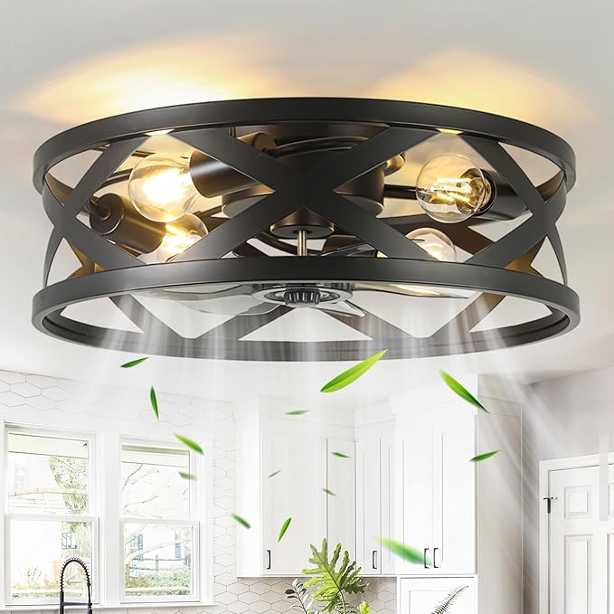 20 Inch Caged Ceiling Fan Light with Remote, Black Flush Mount Bladeless | Ceiling Fan with 6 Speed Reversible DC Motor, Fandelier Ceiling Fans with Lights for Kitchen bedroom