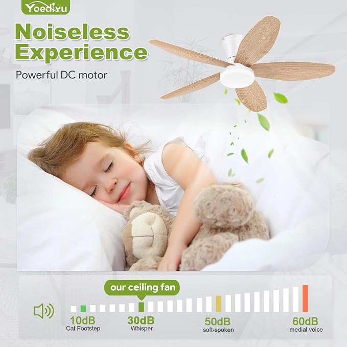 Ceiling Fans with Lights - 42 Inch White&Wood Flush Mount Ceiling Fan 6-Speed Wind, Quiet Reversible DC Motor, 3 Color Dimmable Lighting, Small Low Profile Ceiling Fans for Living Room/Bedroom