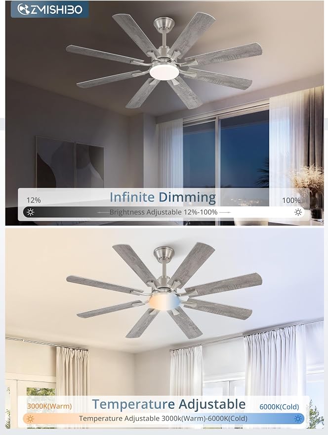 ZMISHIBO 52 inch Ceiling Fan with Light and Remote, 8 Blades Ceiling Fans with 20W LED Light, Quiet DC Motor, 6 Speeds, Stepless CCT & Dimmable, for Bedroom Living Room, Brushed Nickel