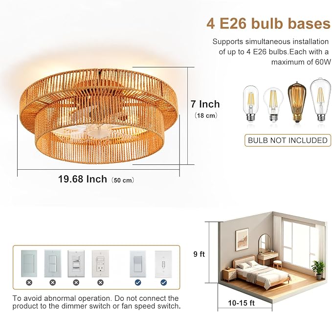 Depuley Boho Ceiling Fan with Light: 20 Inch Double Layer Textured Rope Flush Mount Fandelier with Remote and Timer - Caged Ceiling Fan with 6 Speeds - Indoor Quiet Fan for Bedroom and Living Room