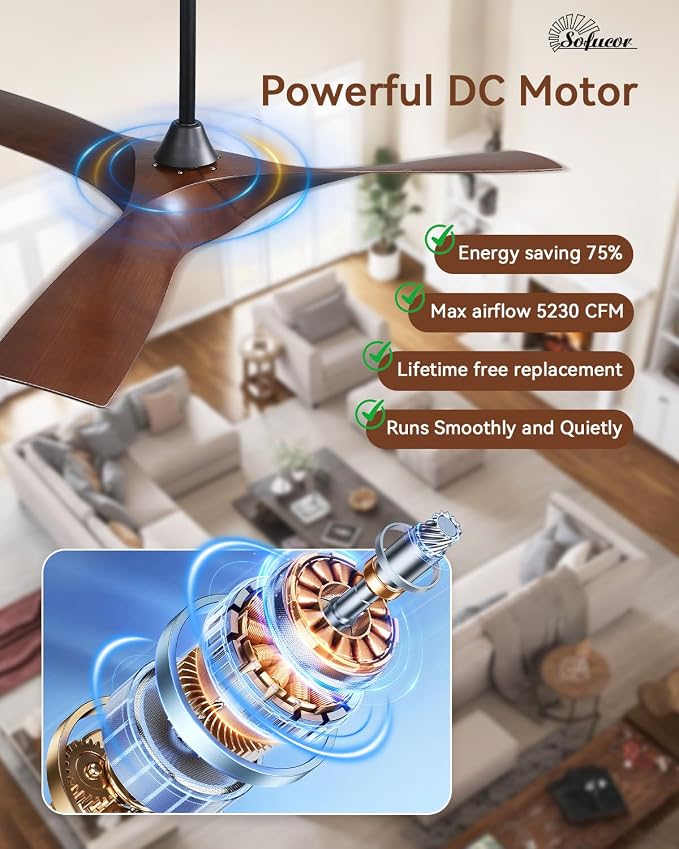 Sofucor 52 Inch Smart Ceiling Fan No Light, Modern Ceiling Fan with 3 Plastic Blades, Compatible with Alexa/Google/App, 6 Speeds 4500CFM, Timer Quiet Reversible DC Motor, ETL/FCC