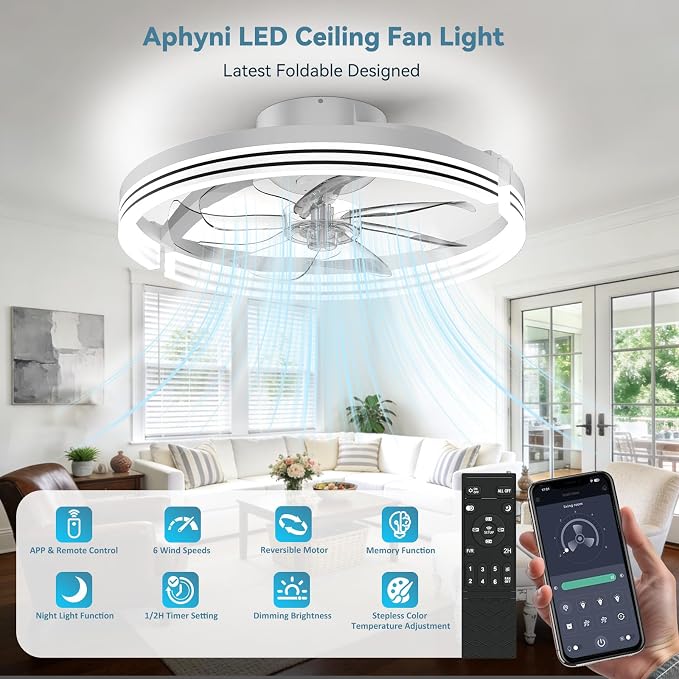 AIKVSXER Ceiling Fans with Lights and Remote, 20'' Low Profile Ceiling Fan with APP Control, 3000K-6500K Dimmable, Quiet Reversible DC, Modern Flush Mount Fandelier for Bedroom (White-Stripe)