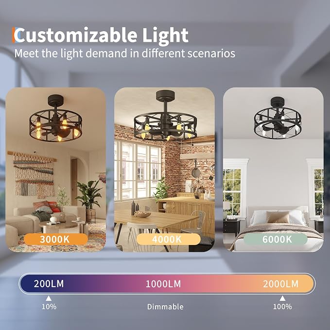 GarveeHome Caged Ceiling Fan 20in with Light, Flush Mount Fan Light Fixture | Black Metal Cage Flush Mount Ceiling Fan with Light, Remote Control Farmhouse Fan Light for Bedroom