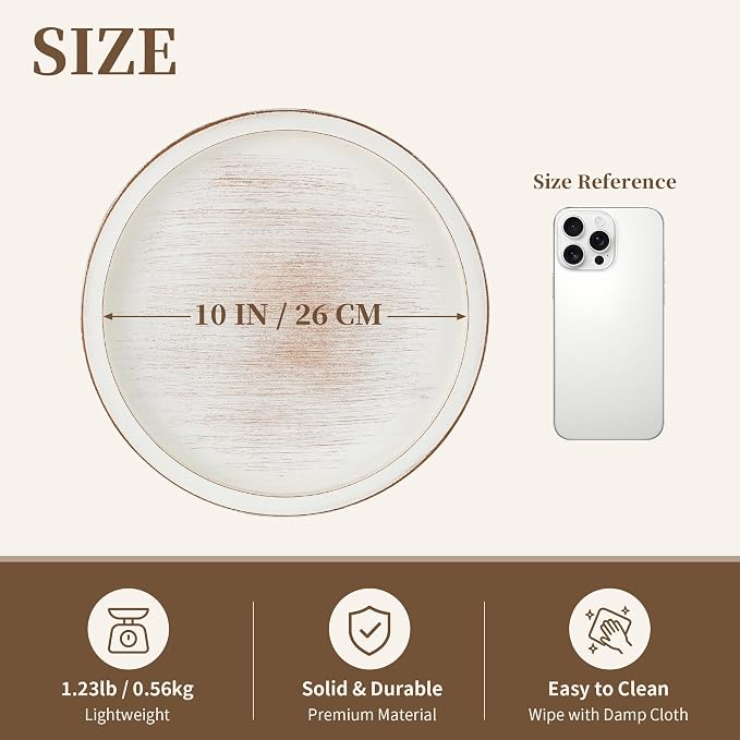 Hanobe Decorative Tray for Coffee Table: 10.5-Inch Round Whitewashed Wood Tray for Rustic Farmhouse Living Room Kitchen Island Entryway Home Decor