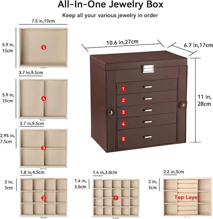 Frebeauty 6-Layer Jewelry Box for Women,Large Jewelry Organizer with Drawer | Faux Leather,Built-in Mirror,Spacious Jewelry Storage,16 Necklace Hooks,Organizing by Category for Rings Earrings Bracelet