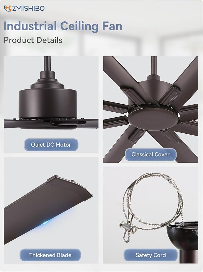 ZMISHIBO 65 Inch No Light, Large Industrial Ceiling Fan with 8 Aluminium Blades, Quiet DC Motor, 6 Speeds, Modern Ceiling Fan without Light for Garage/shop/living room,Oil-bronze