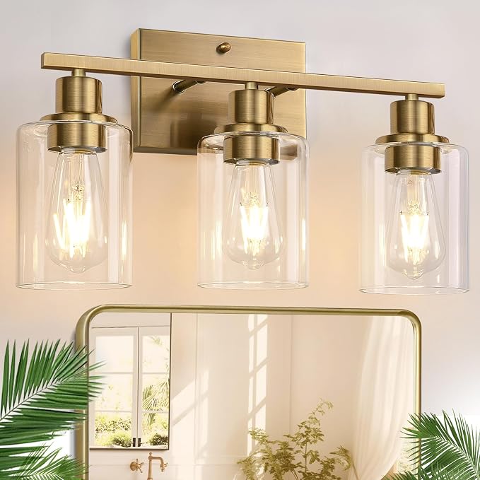 Indoi 3-Light Bathroom Light Fixtures, Brass Modern Vanity Lights with Clear Glass Shades, Bathroom Wall Lamp for Mirror Living Room Cabinet Bedroom Porch