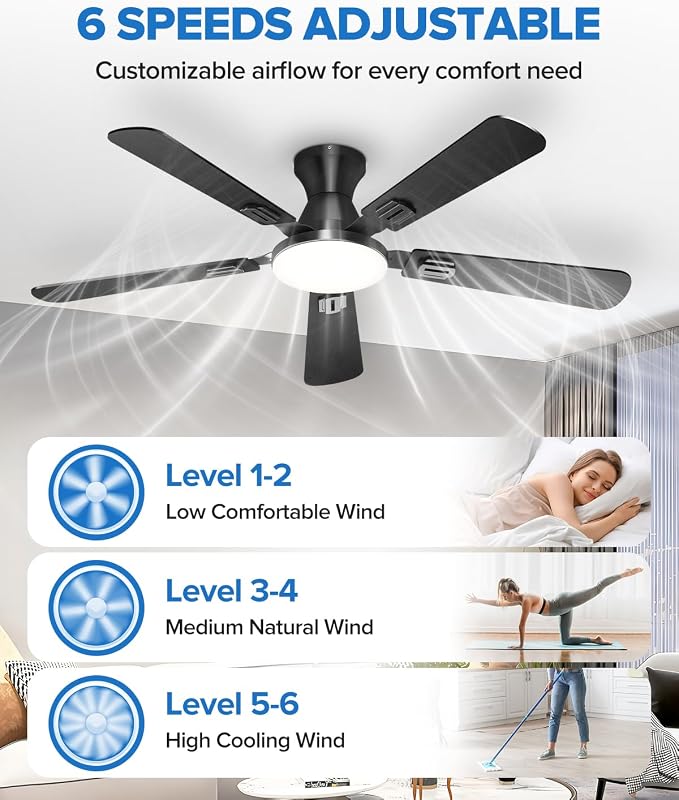 UME 52" Ceiling Fan with Lights & Remote, 6 Blades Low Profile Ceiling Fan, Quiet DC Motor, Natural Wind, 6 Speeds, 3CCT Dimmable 20W LED Modern Ceiling Fan for Bedroom, Living Room, Black