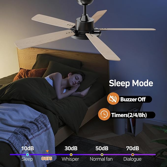 TALOYA 52 Inch Black Walnut Ceiling Fans with Lights Led Remote Control Flush Mount Low Profile for Bedroom Living Dining Room Outdoor Farmhouse,Reversible,DC Motor,Diammable,Buzzer ON/Off,5 Blades
