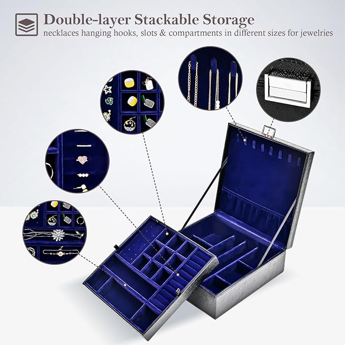 ProCase 2 Layers Jewelry Box for Women -Lizardblack | Large Leather Jewelry Organizer Storage Case with Removable Pad for Earrings